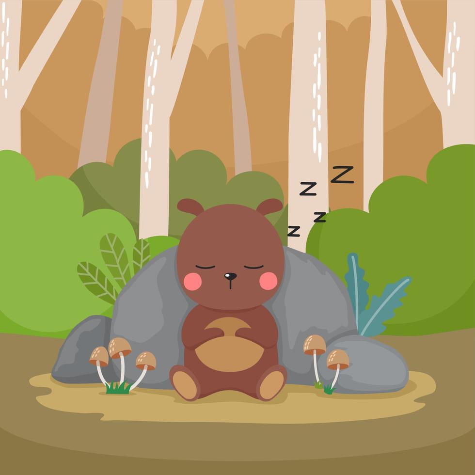 oso de dibujos animados lindo durmiendo en el bosque vector