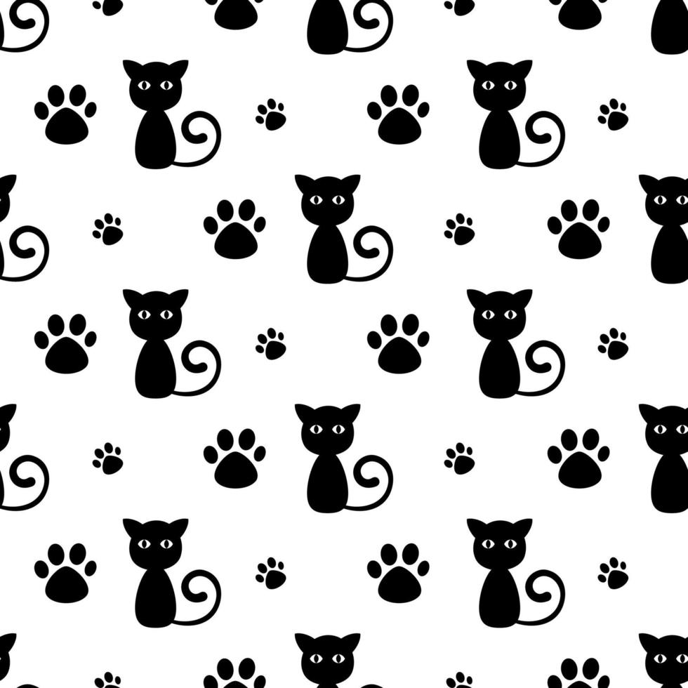 Cute Cartoon Black Cat And Paw Seamless Pattern vector