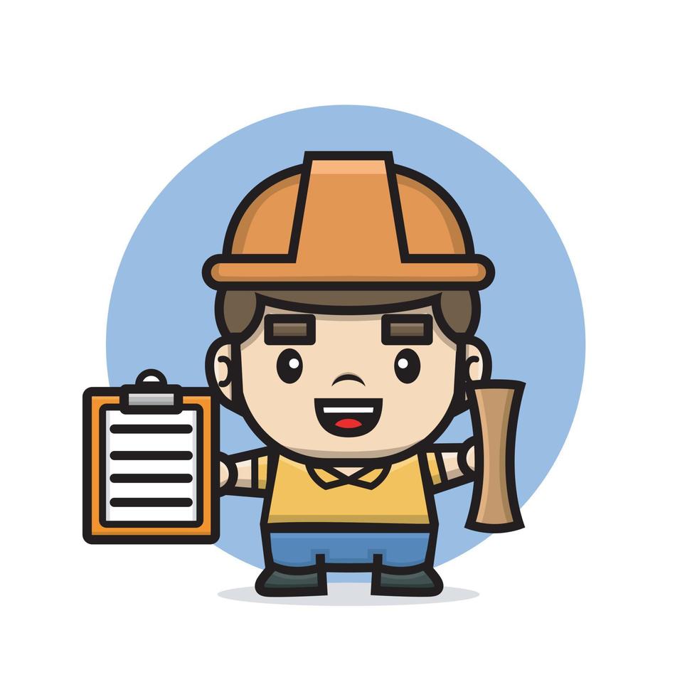 Cute characters builder holding clipboard and blueprint vector