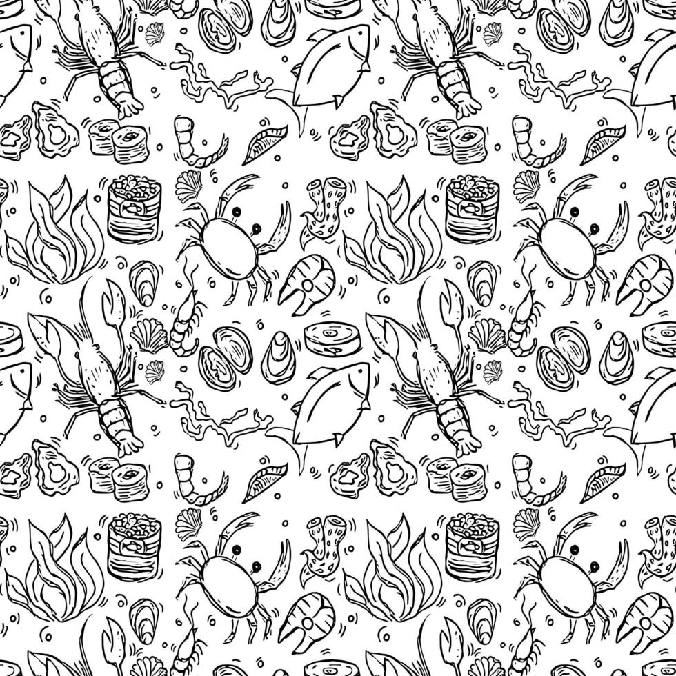 Seamless vector pattern with sea food. Doodle vector with sea food icons on white background. Vintage sea food pattern, sweet elements background for your project, menu, cafe shop.