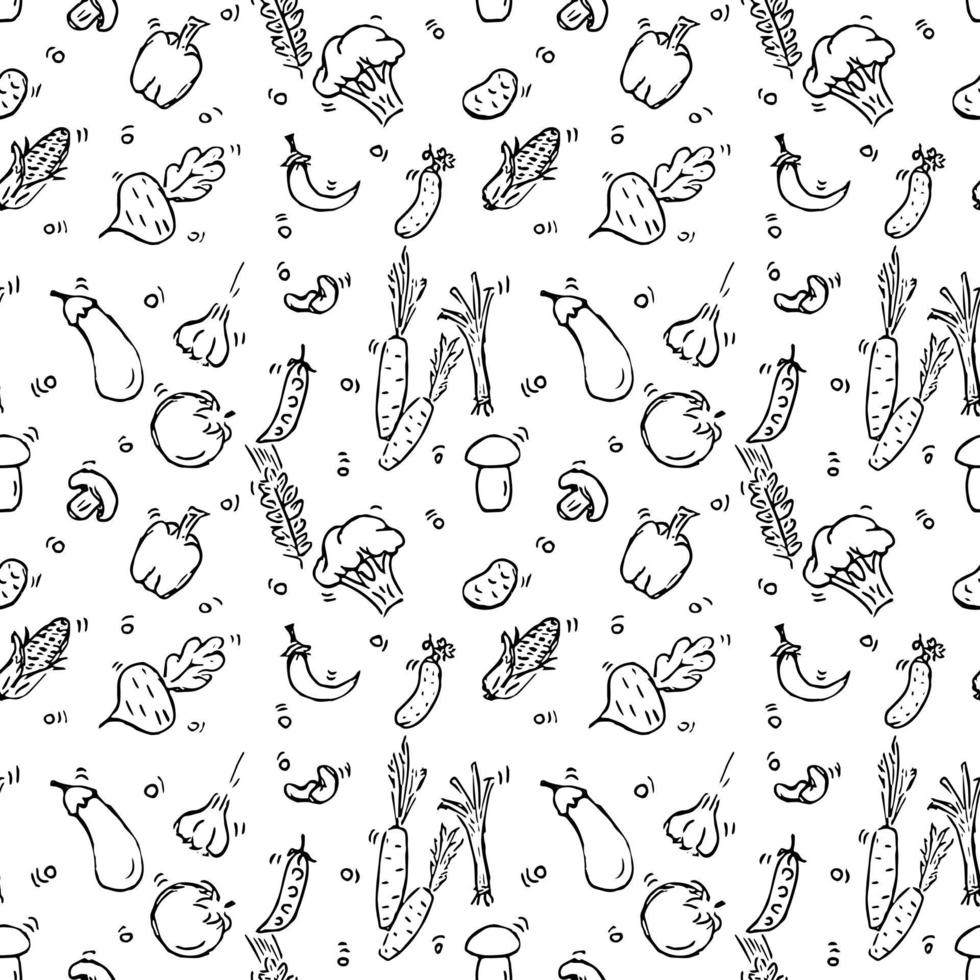 Seamless vegetables pattern.Doodle vector with vegetables food icons on white background.Vintage vegetarian food icons,sweet elements background for menu, cafe shop.