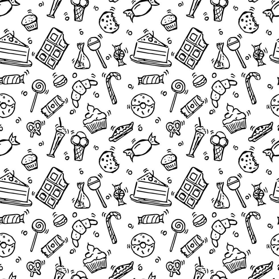 Seamless vector pattern with sweet food. Doodle vector with sweet food icons on white background. Vintage sweets pattern, sweet elements background for your project, menu, cafe shop.
