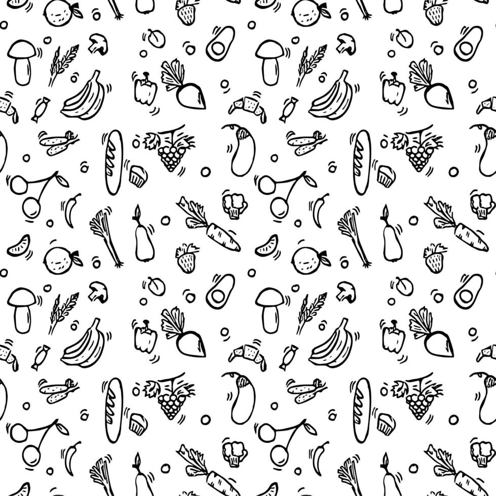 seamless vegetarian food pattern.Doodle vector with vegetarian food icons on white background.Vintage food icons,sweet elements background for menu, cafe shop.