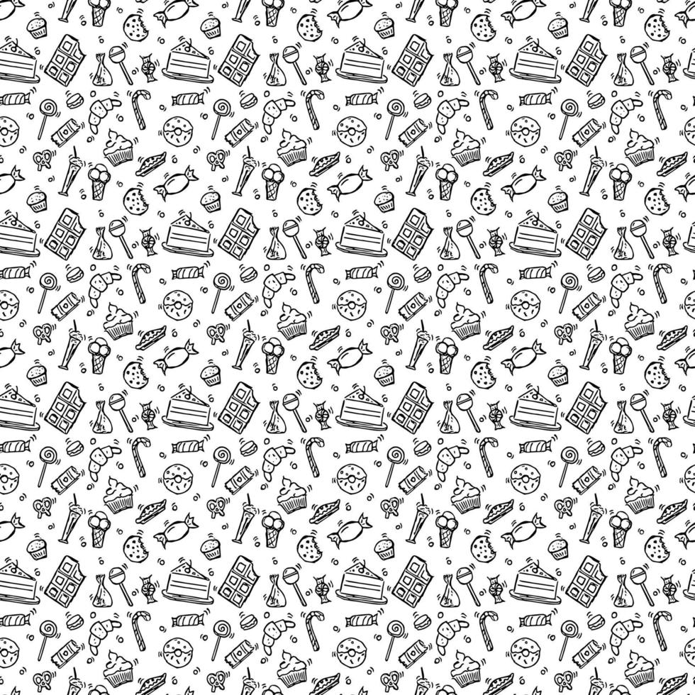 Seamless vector pattern with sweet food. Doodle vector with sweet food icons on white background. Vintage sweets pattern, sweet elements background for your project, menu, cafe shop.