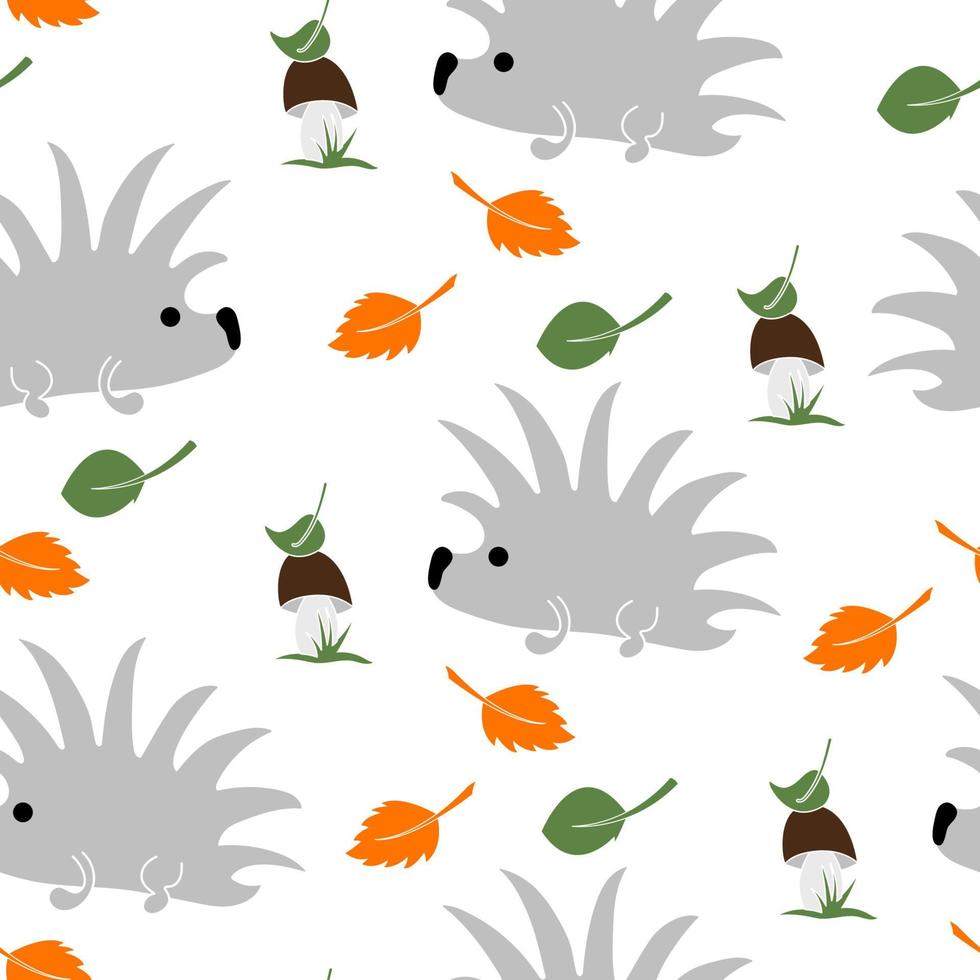 Cute hedgehog, mushroom and leaves seamless pattern on white background. vector