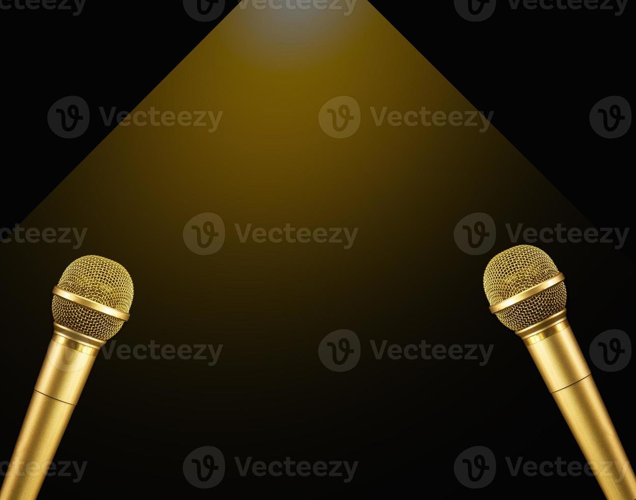 Double Gold Microphone with warm light on black background.  Singing Championships concept photo