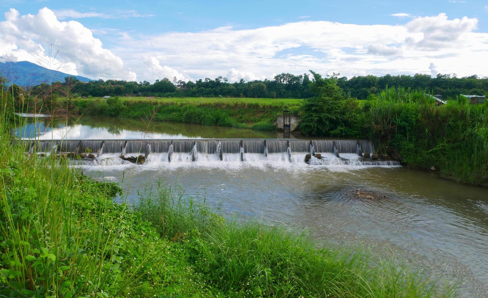 vertedero desde el nivel superior hasta el nivel inferior. almacenamiento de agua para uso agrícola con bosque de fondo foto