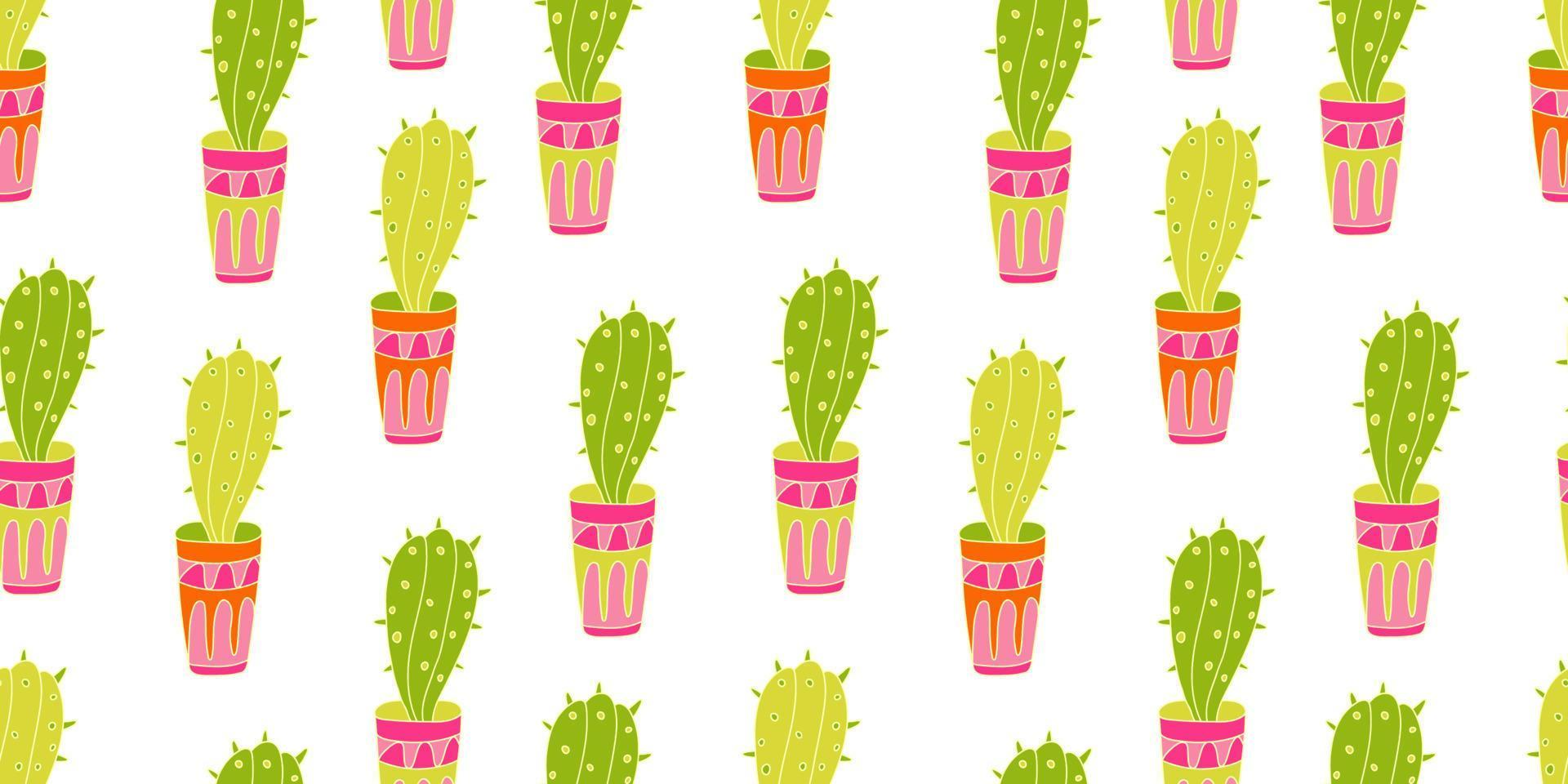 Seamless pattern with cactuses in colorful pots vector