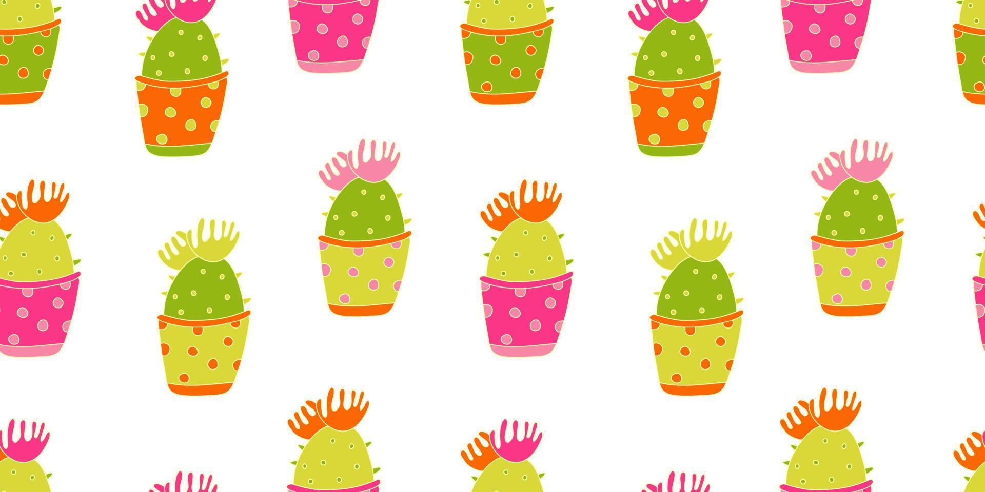 Seamless pattern with cactuses in bright colorful pots vector