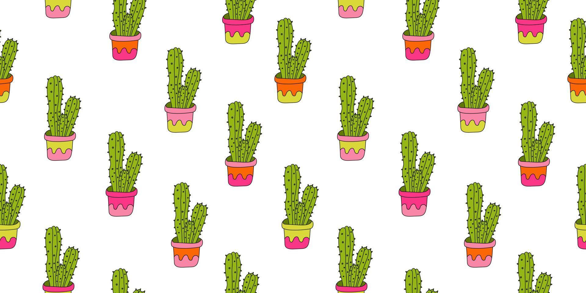 Seamless pattern with cactuses in bright pots vector
