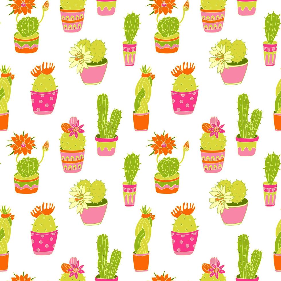 Seamless pattern with cactuses succulent plant in bright colorful pots vector