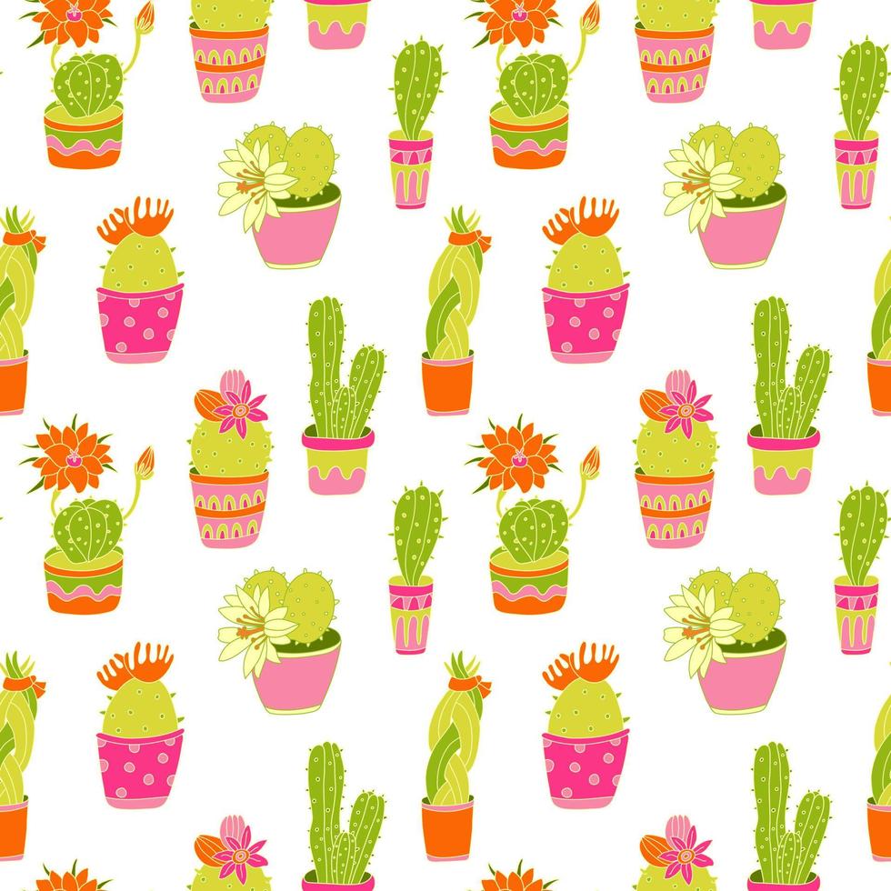 Seamless pattern with cactuses succulent plant in bright colorful pots vector