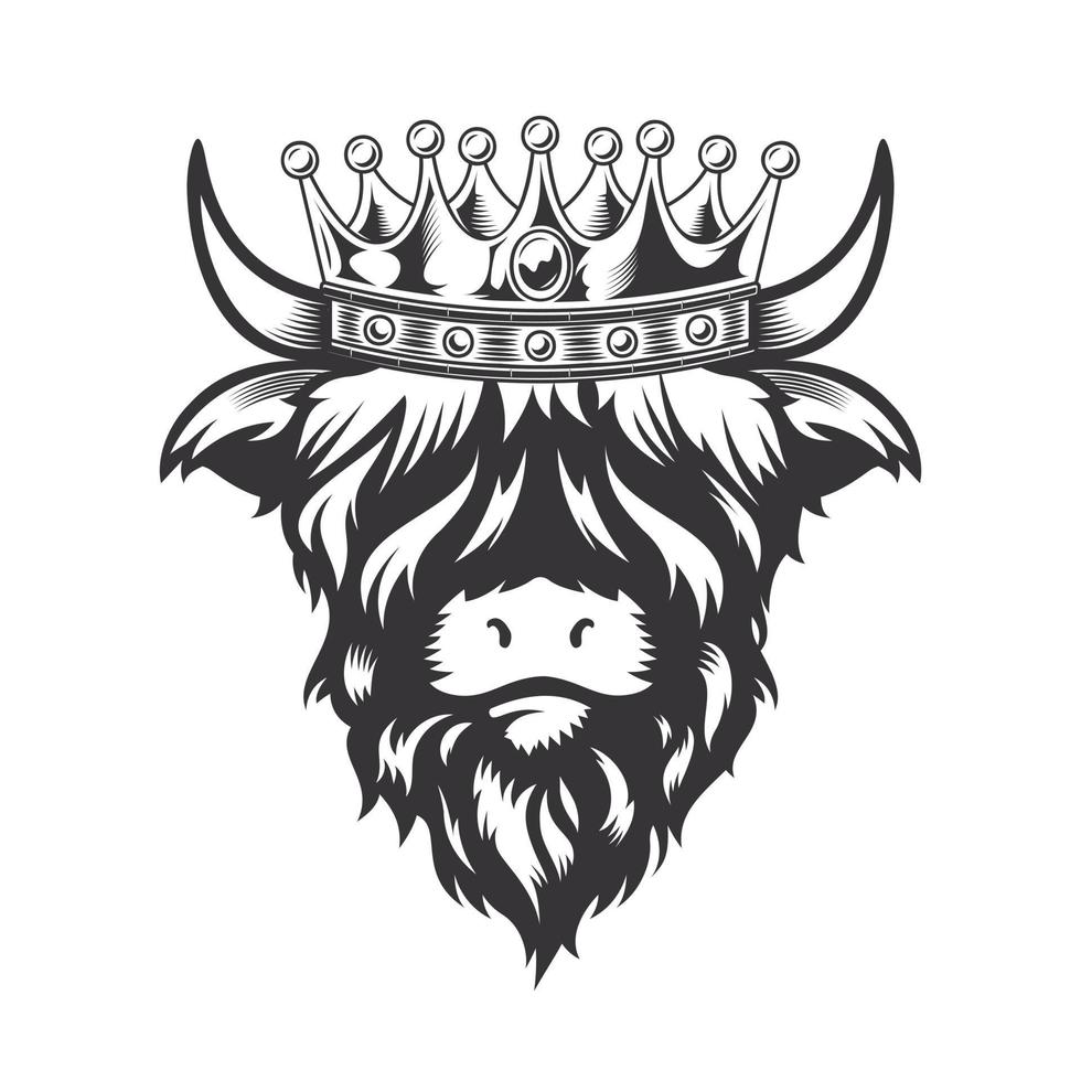 Highland cow King with crown head design on white background. Farm Animal. Cows logos or icons. vector illustration.