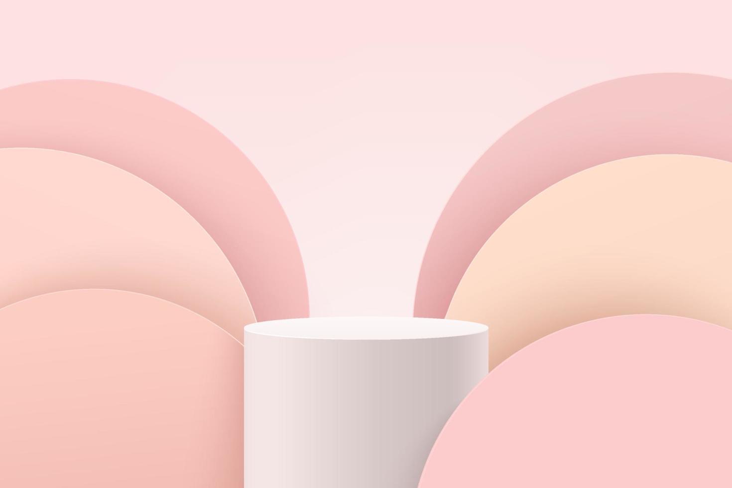 White realistic cylinder pedestal or stand podium with overlap pink circle backdrop. Vector abstract studio room with 3D geometric platform. Pastel scene for products showcase, Promotion display.