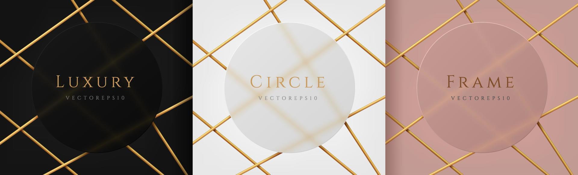 Set of white, rose gold, black circle frame with golden tube overlap design. Abstract 3D backdrop for cosmetic product. Collection of luxury geometric background with copy space. Top view. Vector EPS