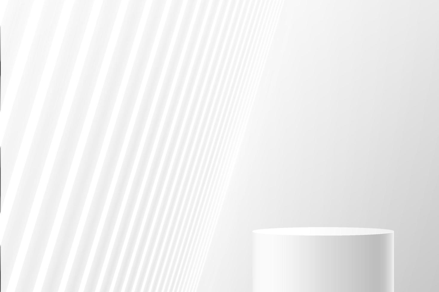 White realistic cylinder pedestal or stand podium with perspective neon light. Vector abstract studio room with 3D geometric platform. Futuristic sci-fi scene for products showcase, Promotion display.