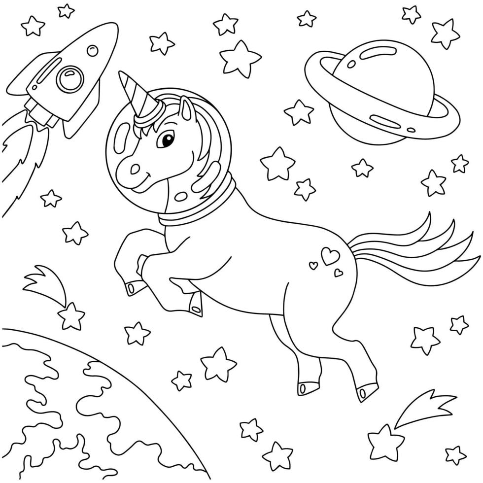 unicornio astronauta viaja en el espacio exterior. página de libro para colorear para niños. personaje de estilo de dibujos animados. ilustración vectorial aislado sobre fondo blanco. vector