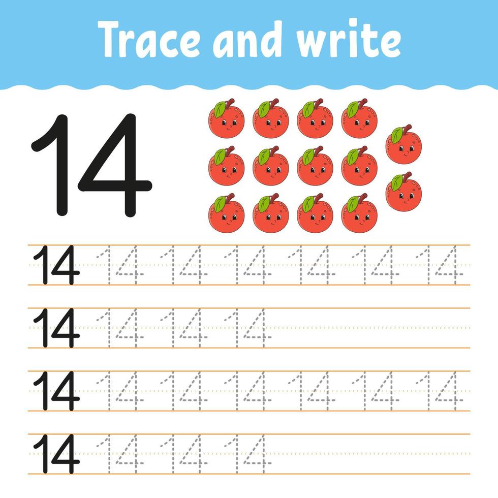 Trace and write. Handwriting practice. Learning numbers for kids. Education developing worksheet. Activity page. Game for toddlers and preschoolers. Isolated vector illustration in cute cartoon style.