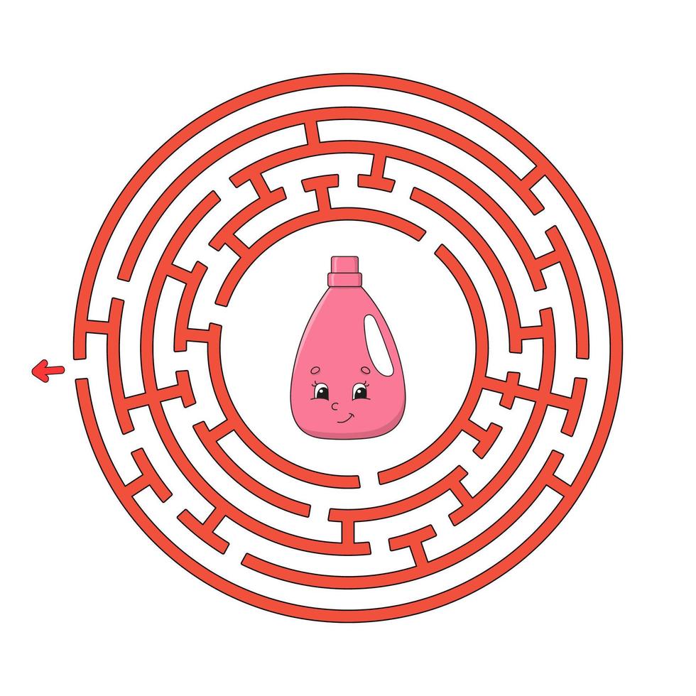 Funny circle maze. Game for kids. Puzzle for children. Cartoon style. Round labyrinth conundrum. Color vector illustration. Find the right path. The development of logical and spatial thinking.