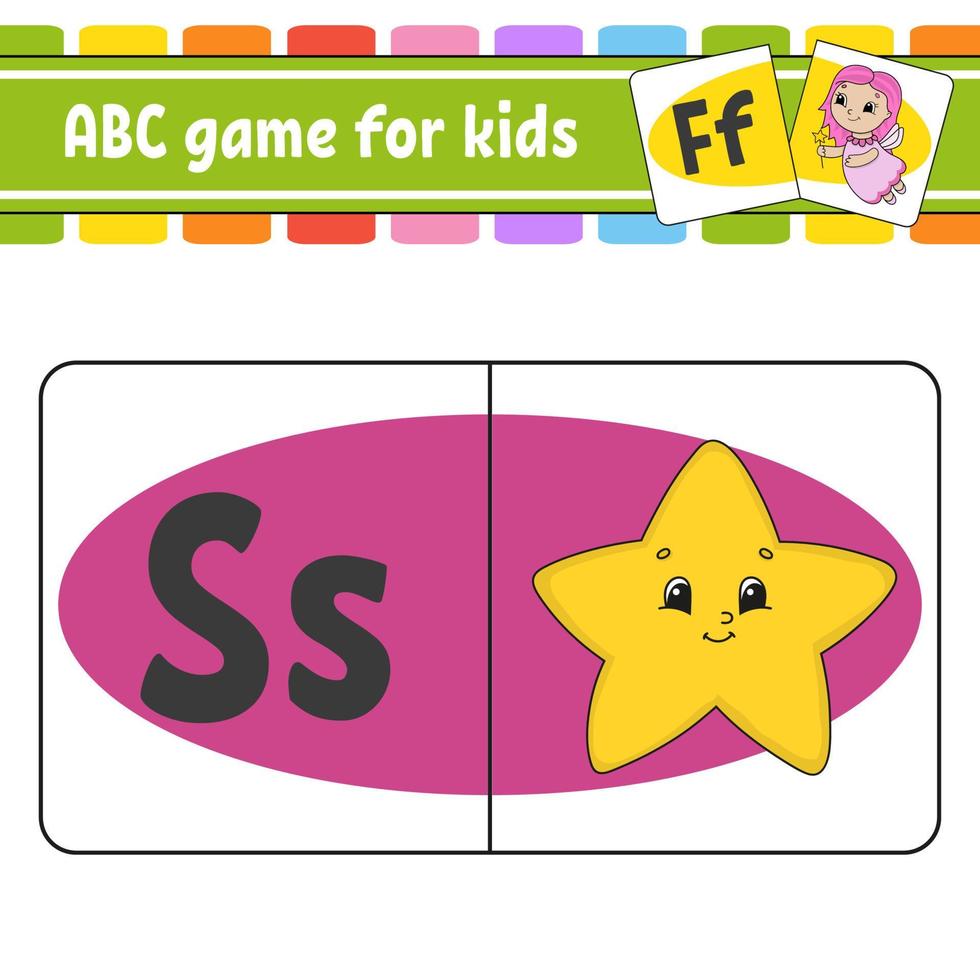 ABC flash cards. Alphabet for kids. Learning letters. Education developing worksheet. Activity page for study English. Game for children. Funny character. Isolated vector illustration. Cartoon style.