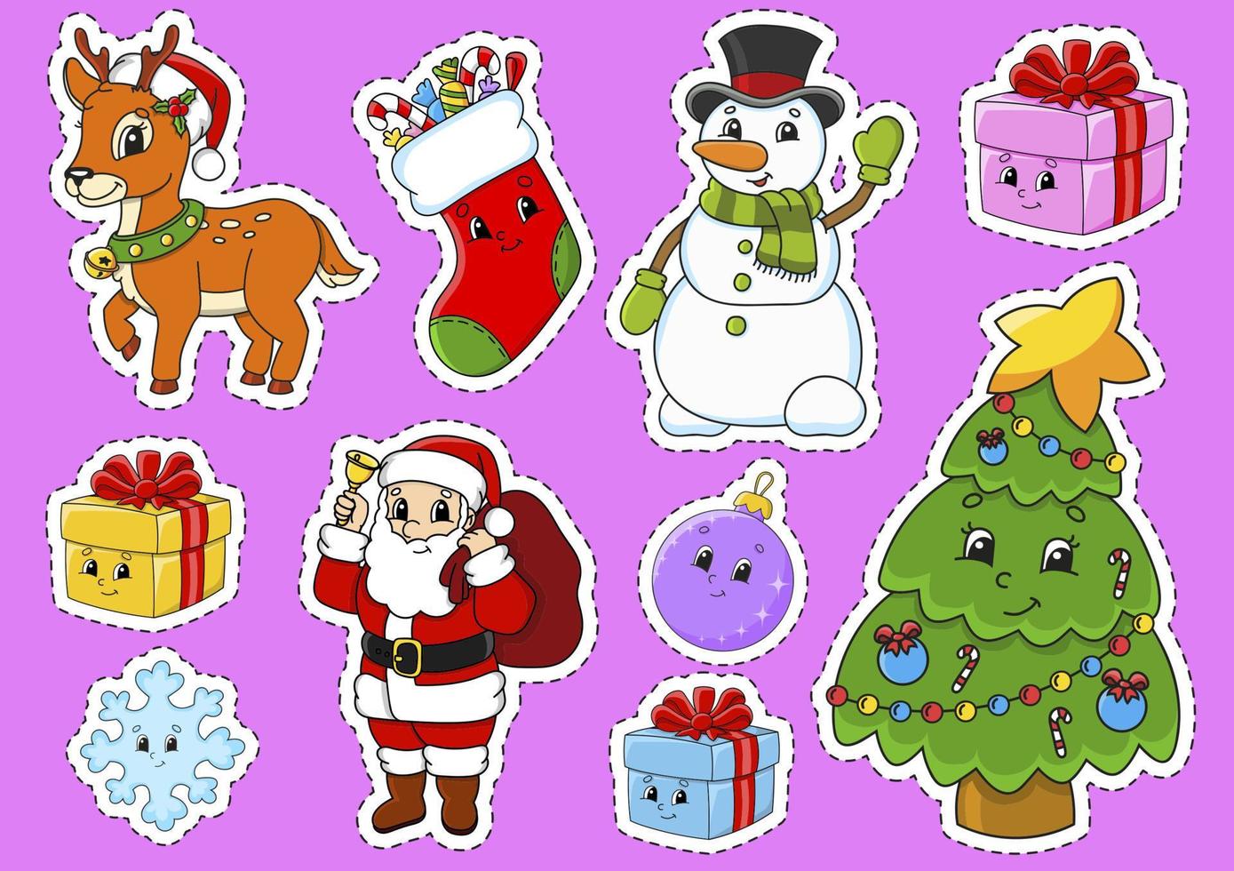 Set of stickers with cute cartoon characters. Christmas theme. Hand drawn. Colorful pack. Vector illustration. Patch badges collection. Label design elements. For daily planner, diary, organizer.