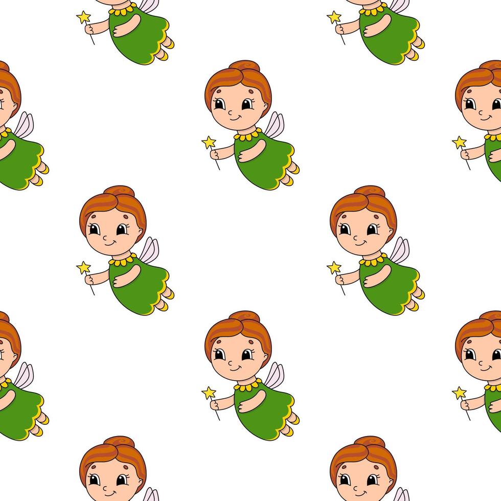 Happy fairy. Colored seamless pattern with cute cartoon character. Simple flat vector illustration isolated on white background. Design wallpaper, fabric, wrapping paper, covers, websites.