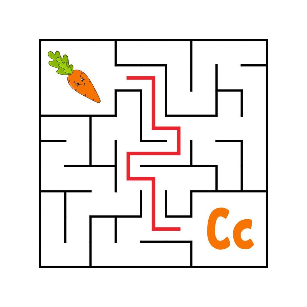 Square maze. Game for kids. Funny quadrate labyrinth. Education worksheet. Activity page. Puzzle for children. Cute cartoon style. Find the right way. Logical conundrum. Color vector illustration.