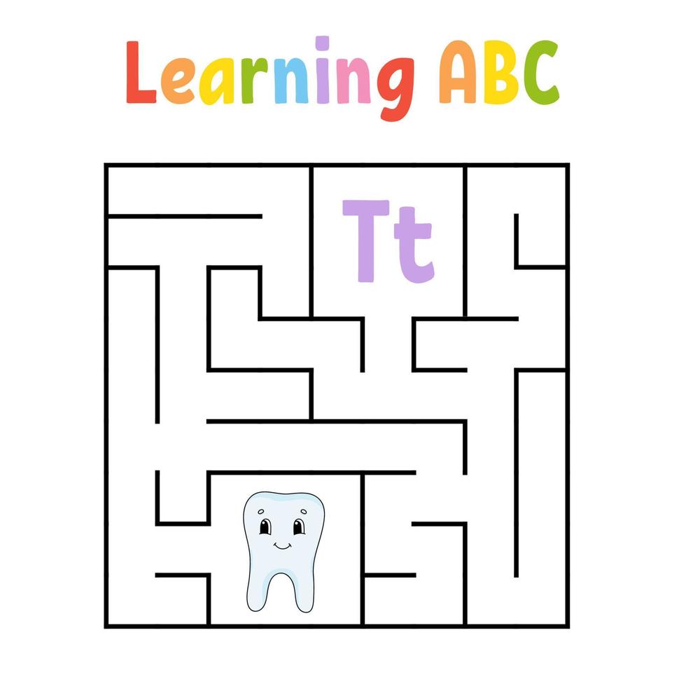 Square maze. Game for kids. Quadrate labyrinth. Education worksheet. Activity page. Learning alphabet. Cute cartoon style. Find the right way. Logical conundrum. Color vector illustration.