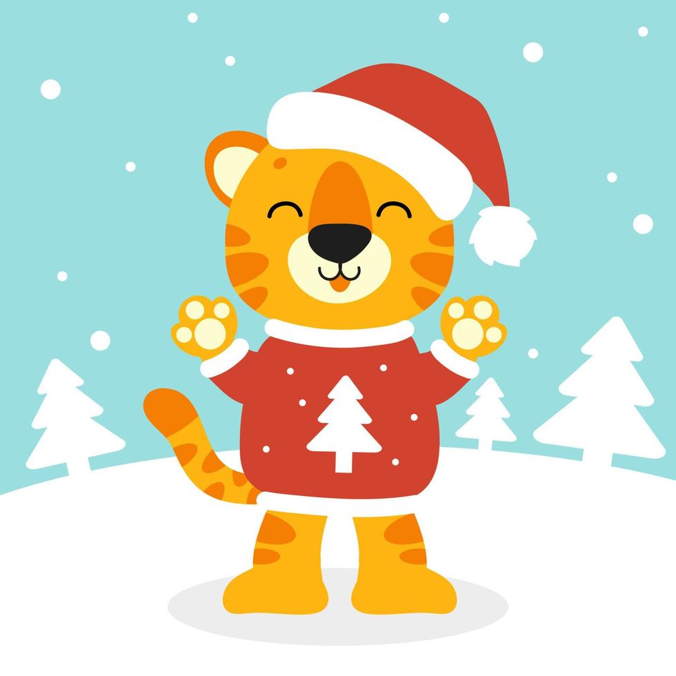 Tiger simbol in a santa hat. Cartoon character. Colorful vector illustration. Isolated on color background. Design element. Template for your design, books, stickers, cards.