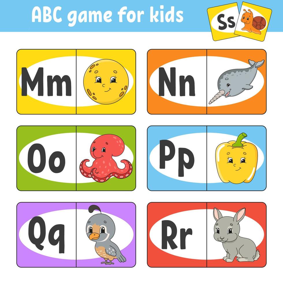 Set ABC flash cards. Alphabet for kids. Learning letters. Education developing worksheet. Activity page for study English. Game for children. Funny character. Vector illustration. Cartoon style.