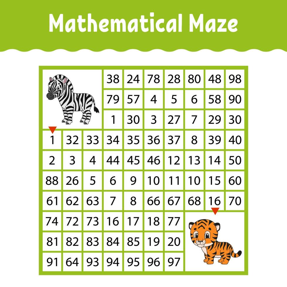 Mathematical maze. Game for kids. Funny labyrinth. Education developing worksheet. Activity page. Puzzle for children. Cartoon style. Riddle for preschool. Logical conundrum. Color vector illustration