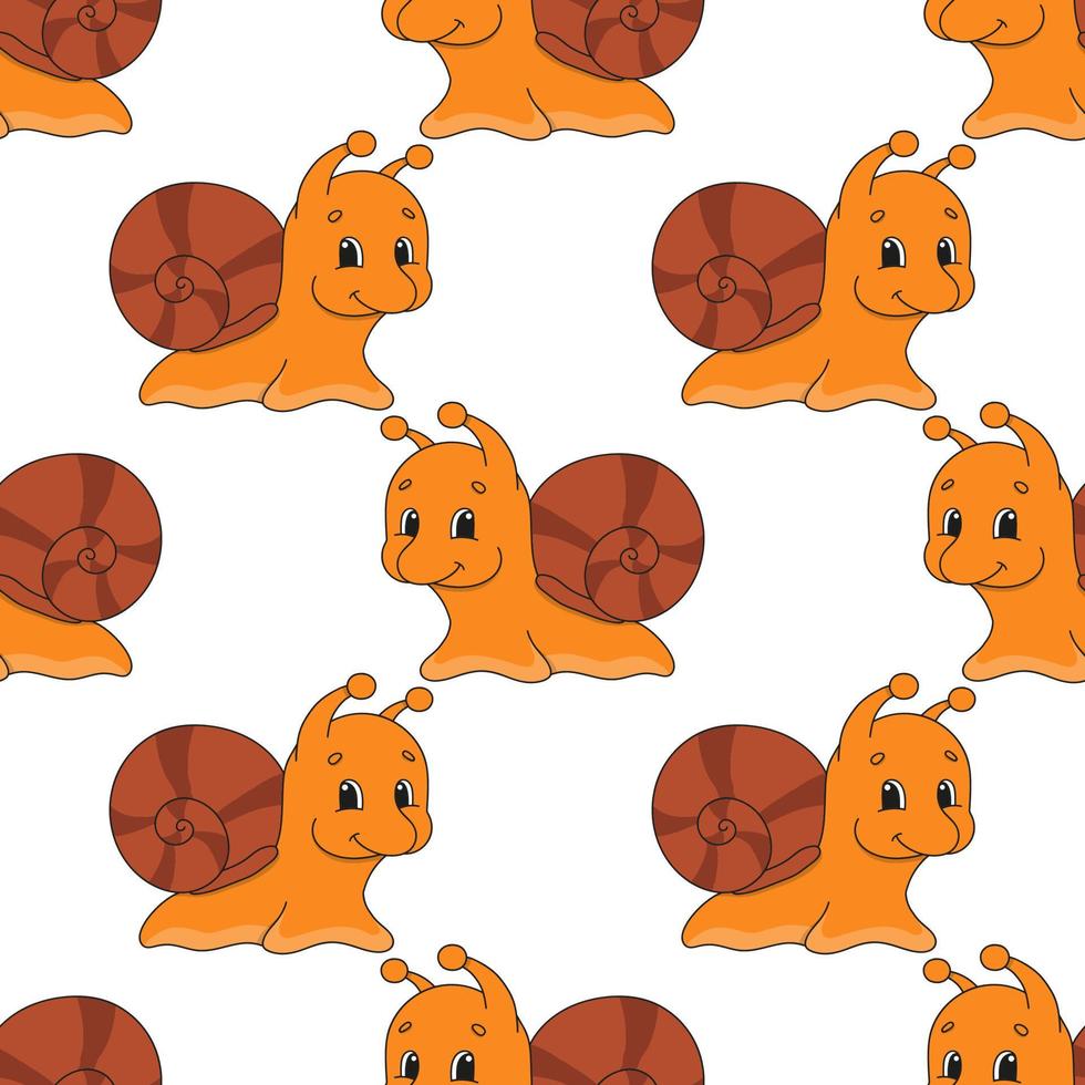 Happy snail. Colored seamless pattern with cute cartoon character. Simple flat vector illustration isolated on white background. Design wallpaper, fabric, wrapping paper, covers, websites.