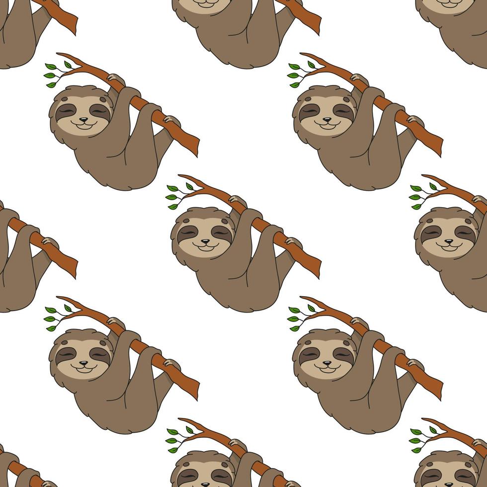 Happy sloth. Colored seamless pattern with cute cartoon character. Simple flat vector illustration isolated on white background. Design wallpaper, fabric, wrapping paper, covers, websites.