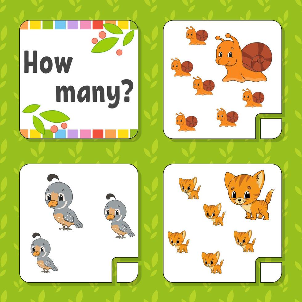 Counting game for children. Happy characters. Learning mathematics. How many object in the picture. Education worksheet. With space for answers. Isolated vector illustration in cute cartoon style.