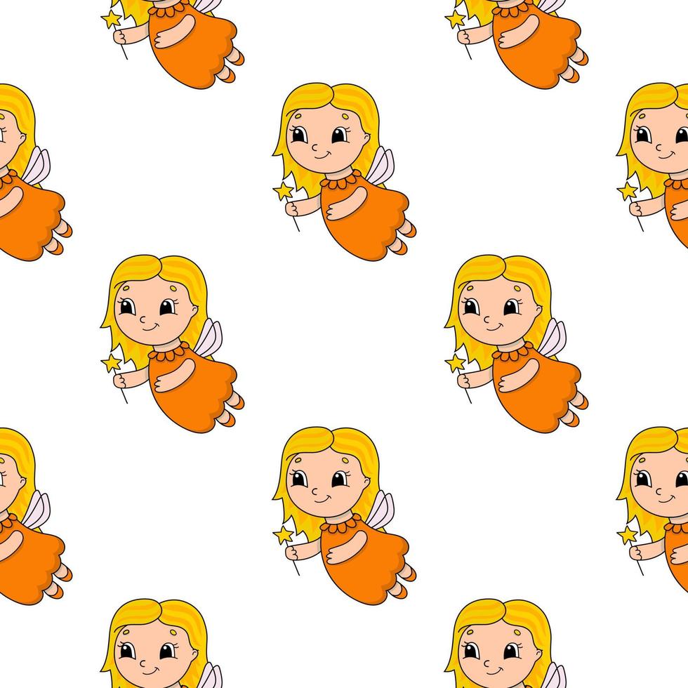 Happy fairy. Colored seamless pattern with cute cartoon character. Simple flat vector illustration isolated on white background. Design wallpaper, fabric, wrapping paper, covers, websites.