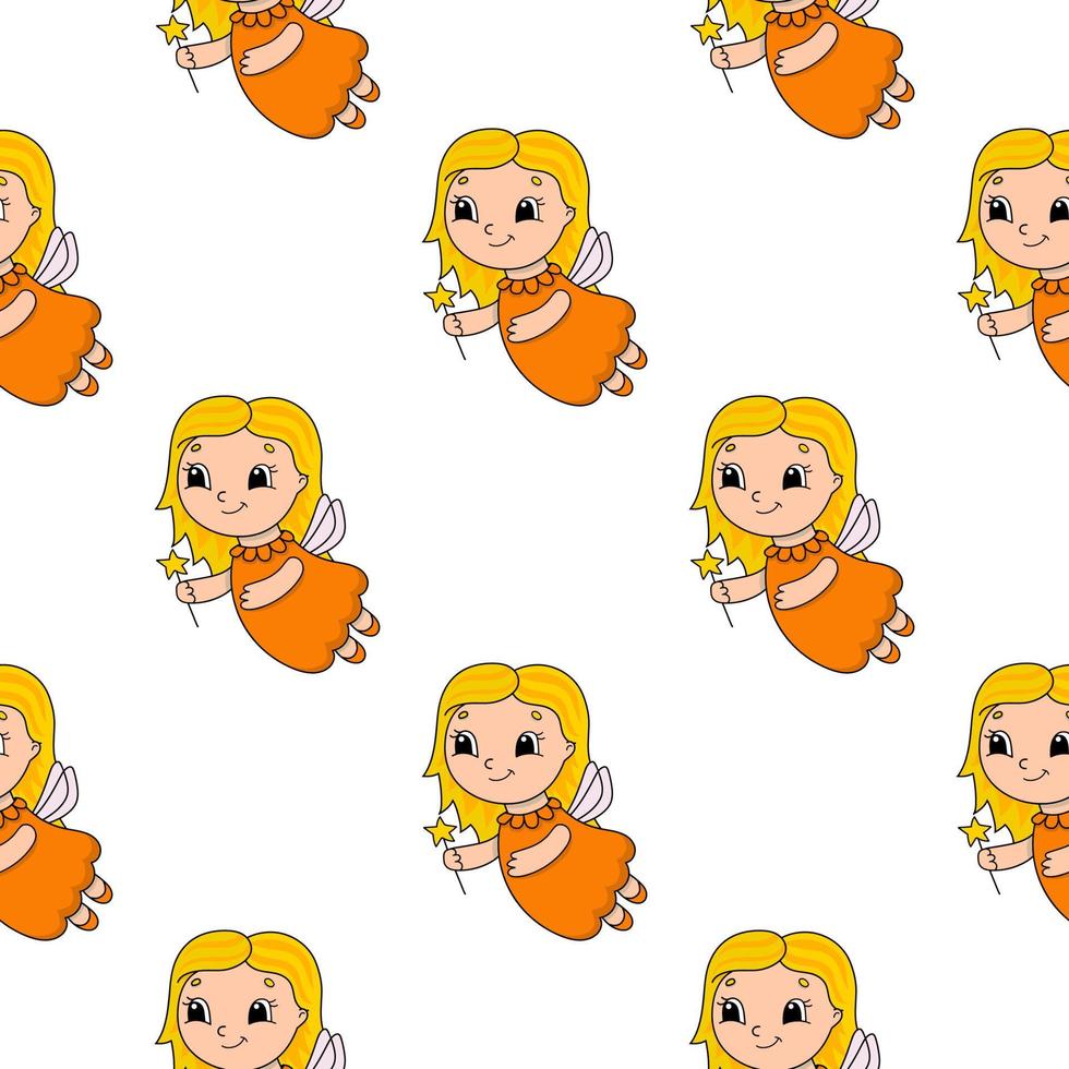 Happy fairy. Colored seamless pattern with cute cartoon character. Simple flat vector illustration isolated on white background. Design wallpaper, fabric, wrapping paper, covers, websites.