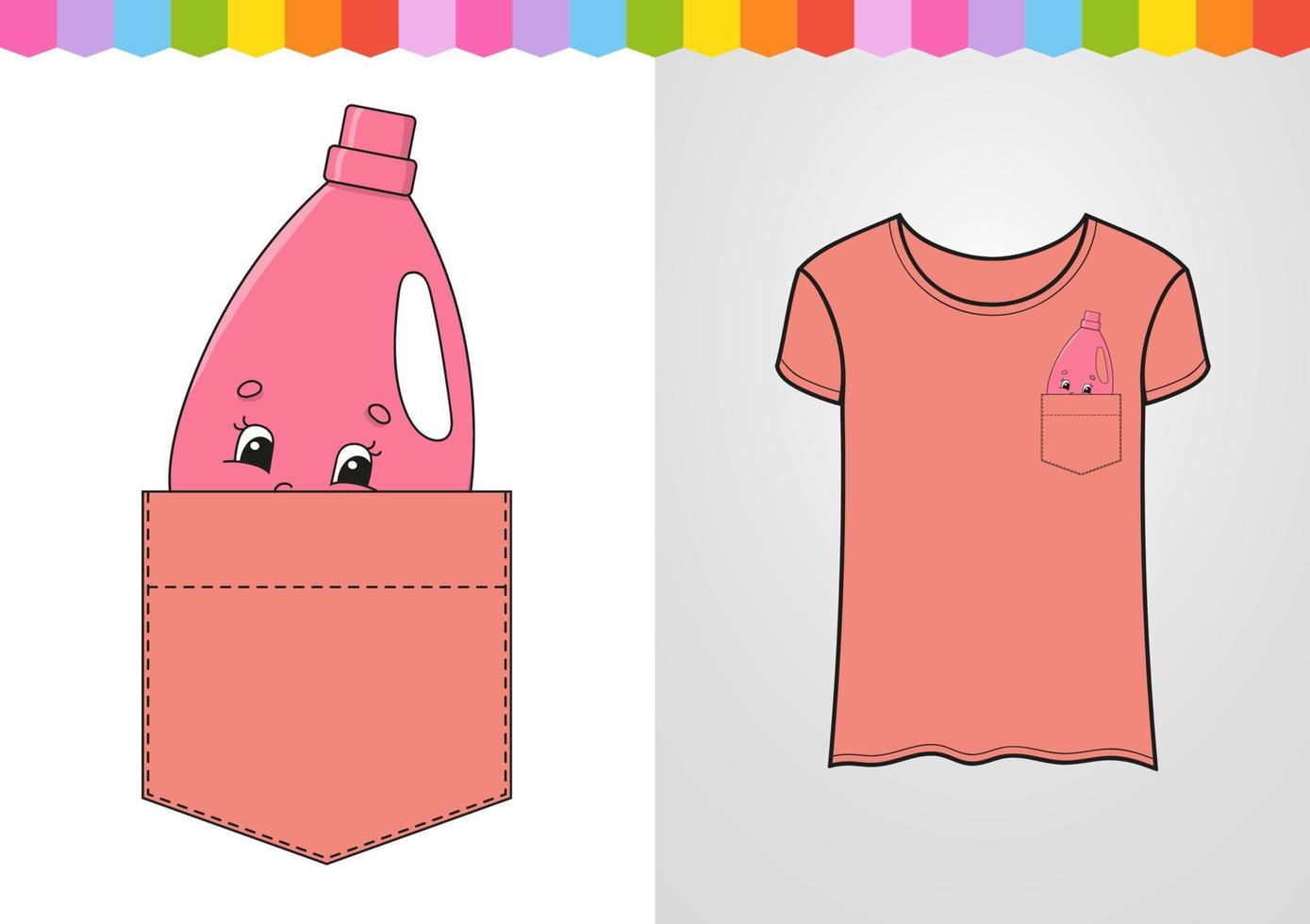 Pink cleanser in shirt pocket. Cute character. Colorful vector illustration. Cartoon style. Isolated on white background. Design element. Template for your shirts, books, stickers, cards, posters.