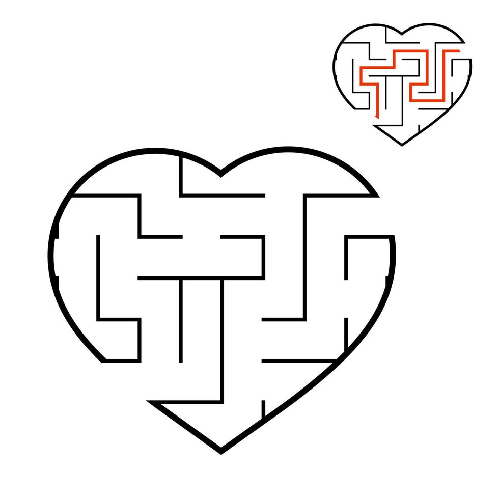 Black labyrinth heart. Game for kids. Puzzle for children. Maze conundrum. Valentine's Day. Flat vector illustration isolated on white background. With answer.