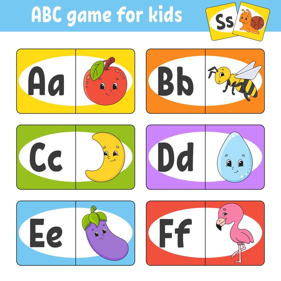 configurar tarjetas flash abc. alfabeto para niños. aprender letras. hoja de trabajo de desarrollo educativo. página de actividades para estudiar inglés. juego para niños. personaje divertido. ilustración vectorial. estilo de dibujos animados. vector