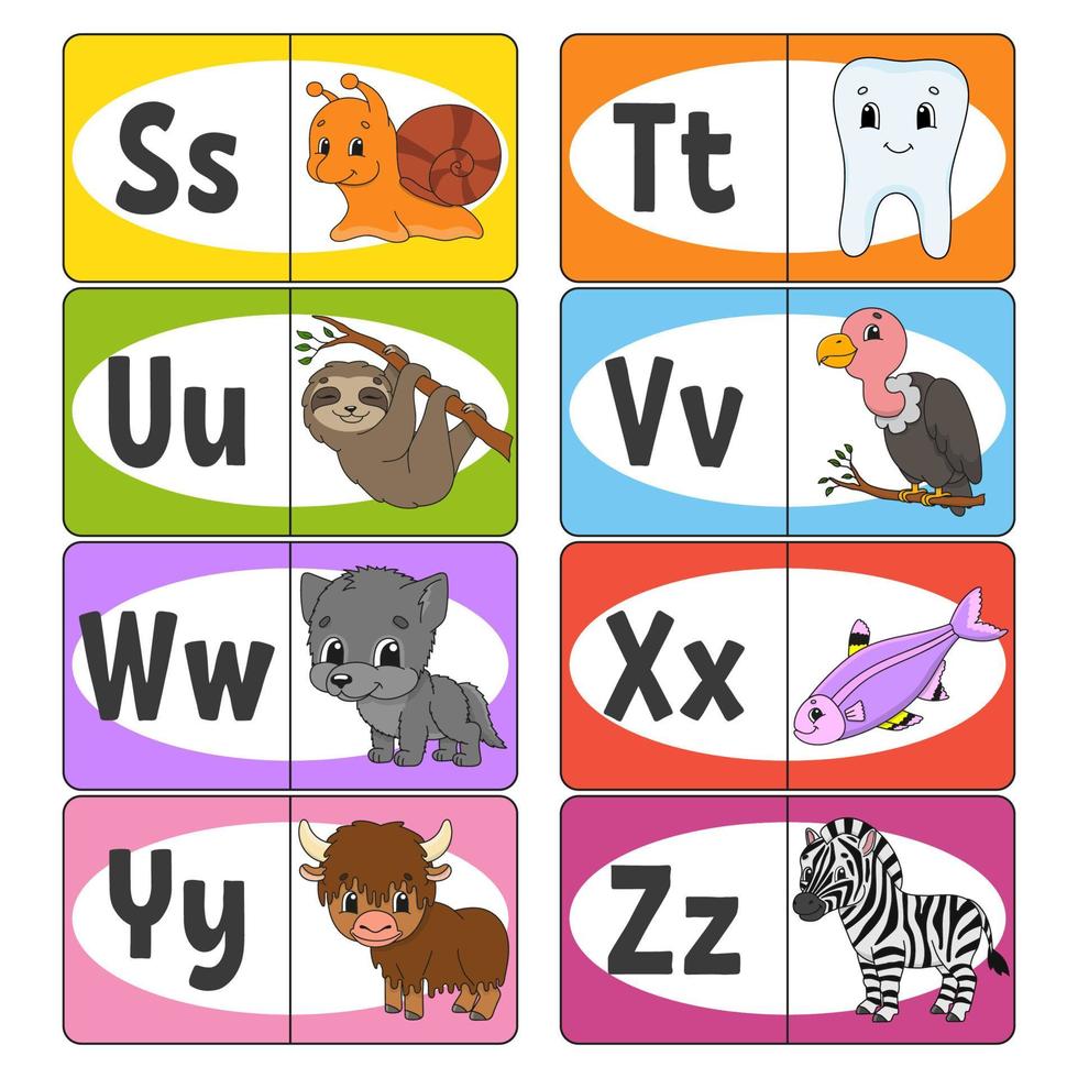 Set ABC flash cards. Alphabet for kids. Learning letters. Education developing worksheet. Activity page for study English. Game for children. Funny character. Vector illustration. Cartoon style.