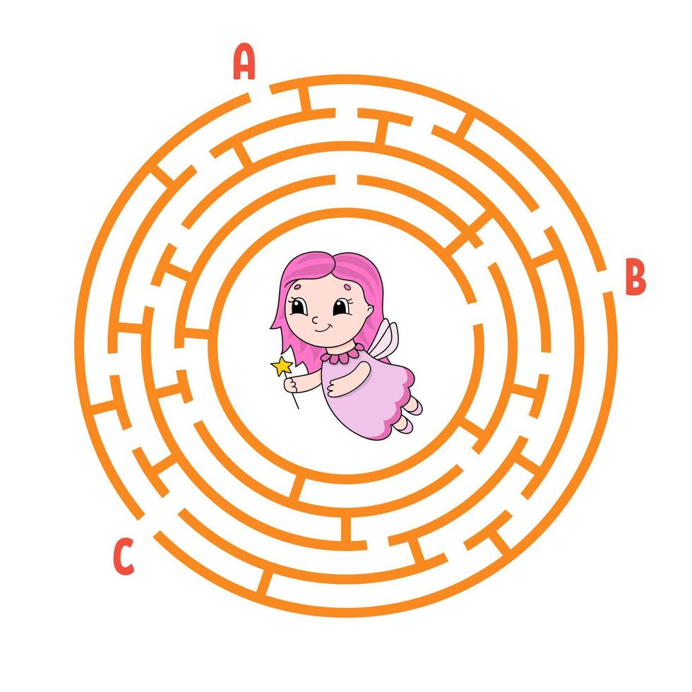 Circle maze. Game for kids. Puzzle for children. Round labyrinth conundrum. Color vector illustration. Find the right path. The development of logical and spatial thinking. Education worksheet.