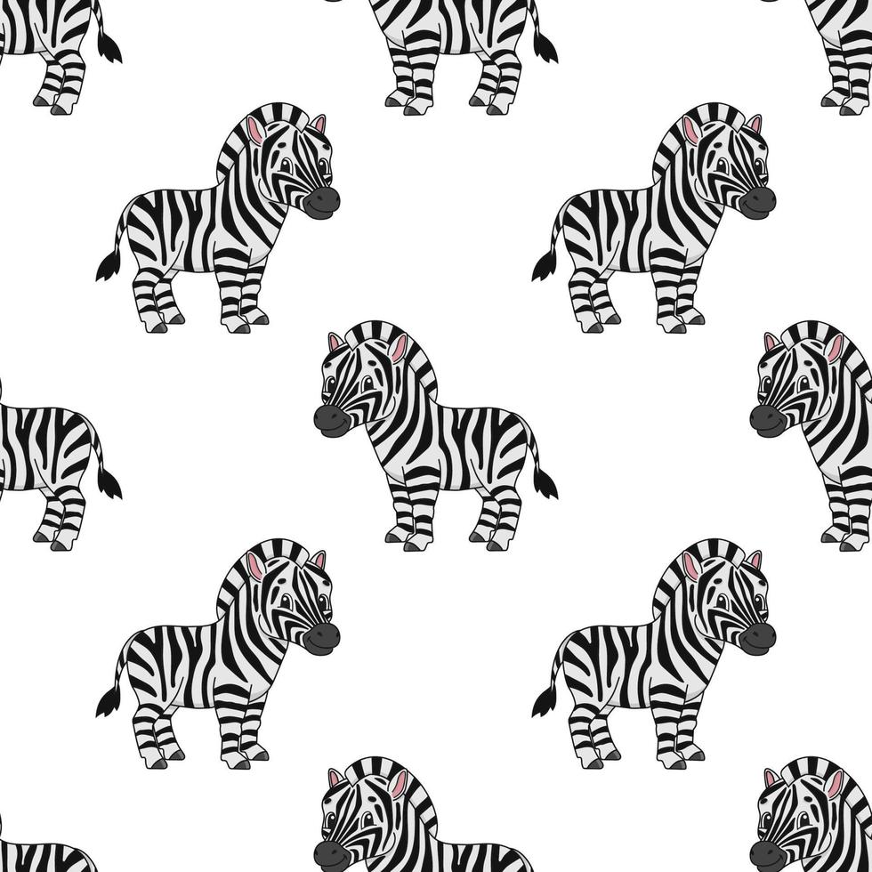 Happy zebra. Colored seamless pattern with cute cartoon character. Simple flat vector illustration isolated on white background. Design wallpaper, fabric, wrapping paper, covers, websites.
