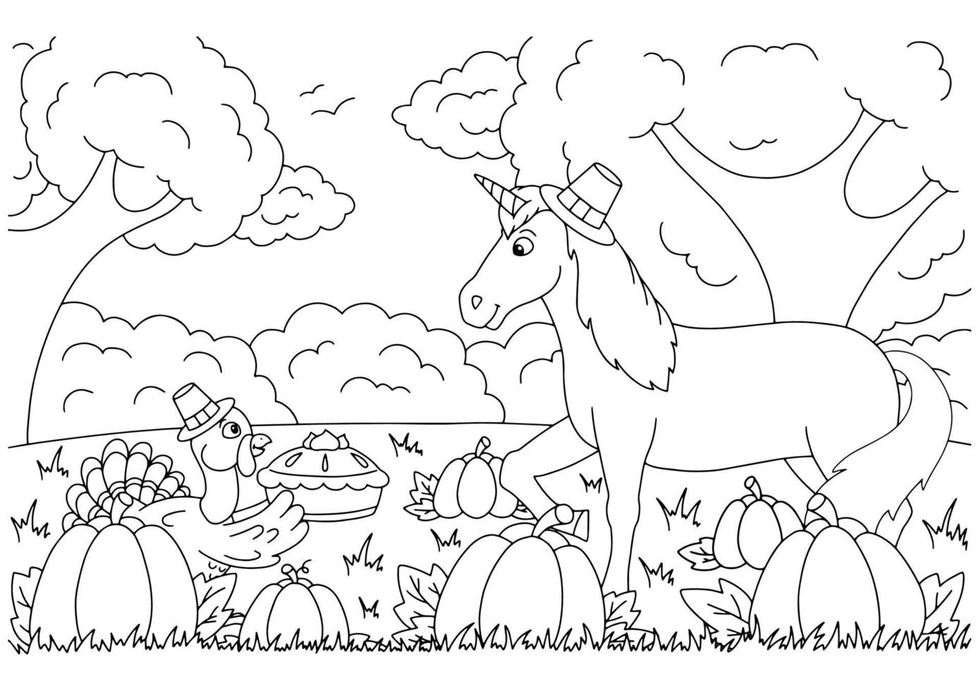 A turkey brings pumpkin pie to a unicorn. Coloring book page ...