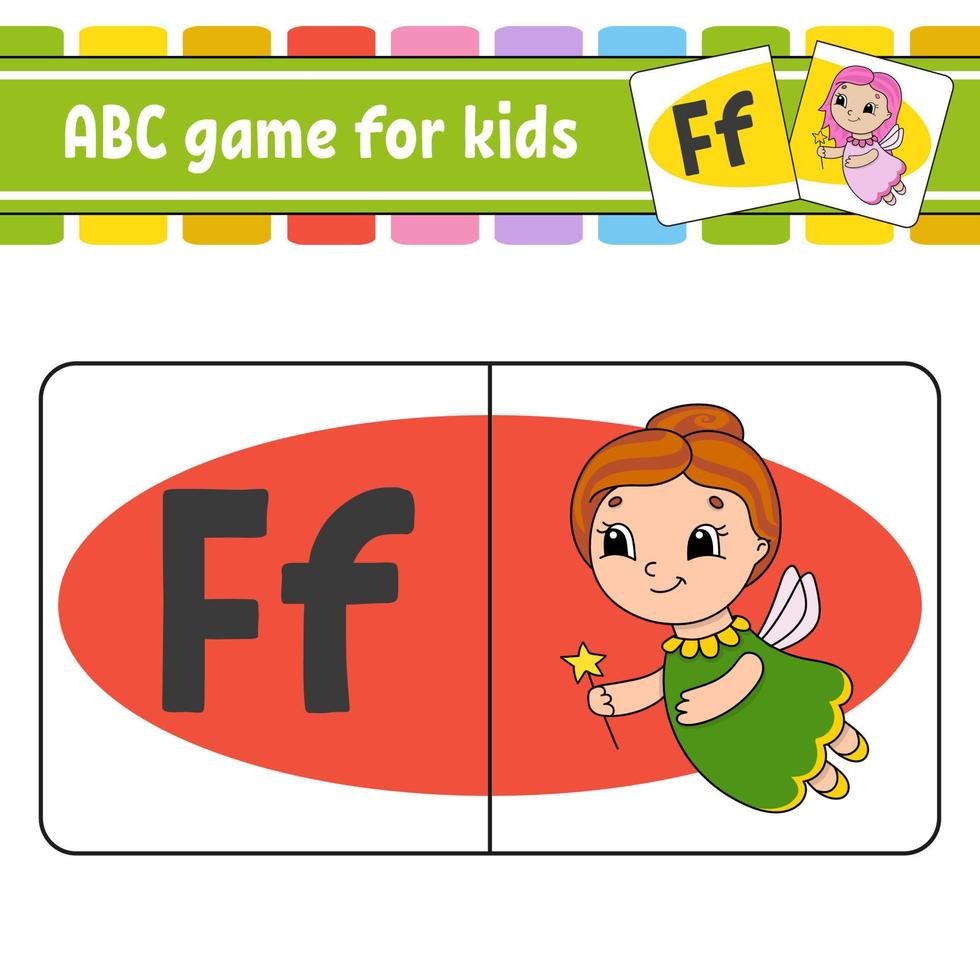 ABC flash cards. Alphabet for kids. Learning letters. Education developing worksheet. Activity page for study English. Game for children. Funny character. Isolated vector illustration. Cartoon style.