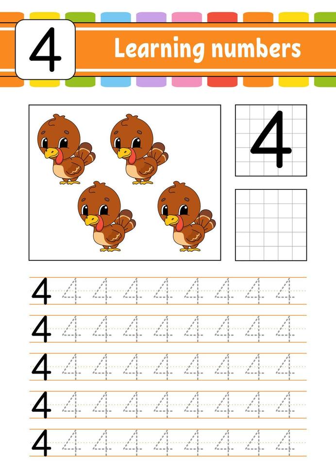 Trace and write. Handwriting practice. Learning numbers for kids. Education developing worksheet. Activity page. Game for toddlers and preschoolers. Isolated vector illustration in cute cartoon style.