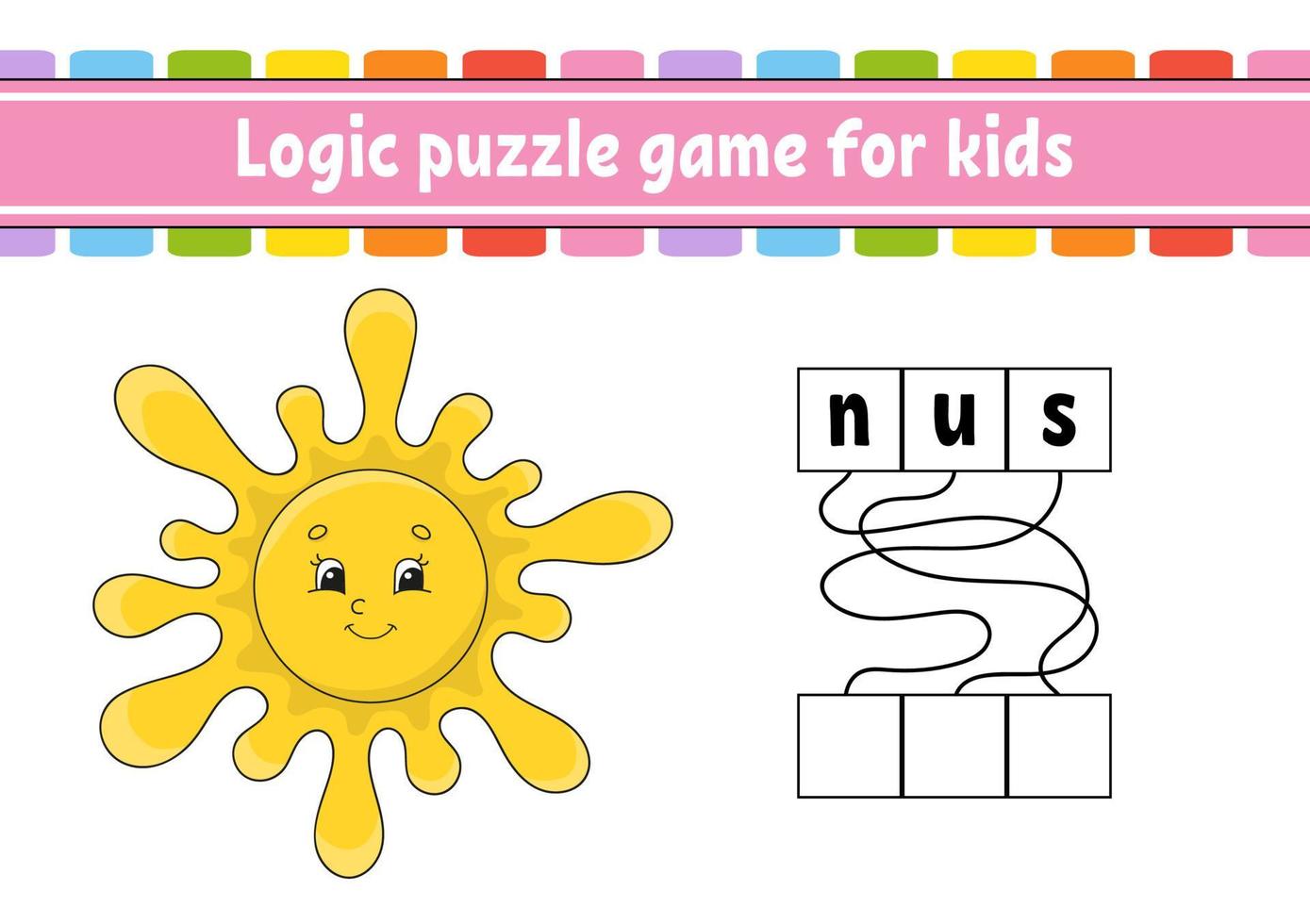 Logic puzzle game. Learning words for kids. Find the hidden name. Education developing worksheet. Activity page for study English. Game for children. Isolated vector illustration. Cartoon style.