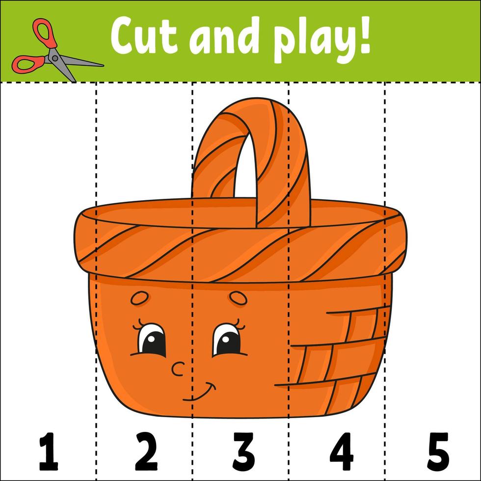 Learning numbers. Cut and play. Education developing worksheet. Game for kids. Activity page. Puzzle for children. Riddle for preschool. Flat isolated vector illustration. Cute cartoon style.