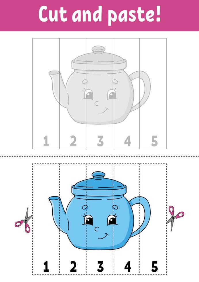 Learning numbers 1-5. Cut and glue. Cartoon character. Education developing worksheet. Game for kids. Activity page. Color isolated vector illustration.
