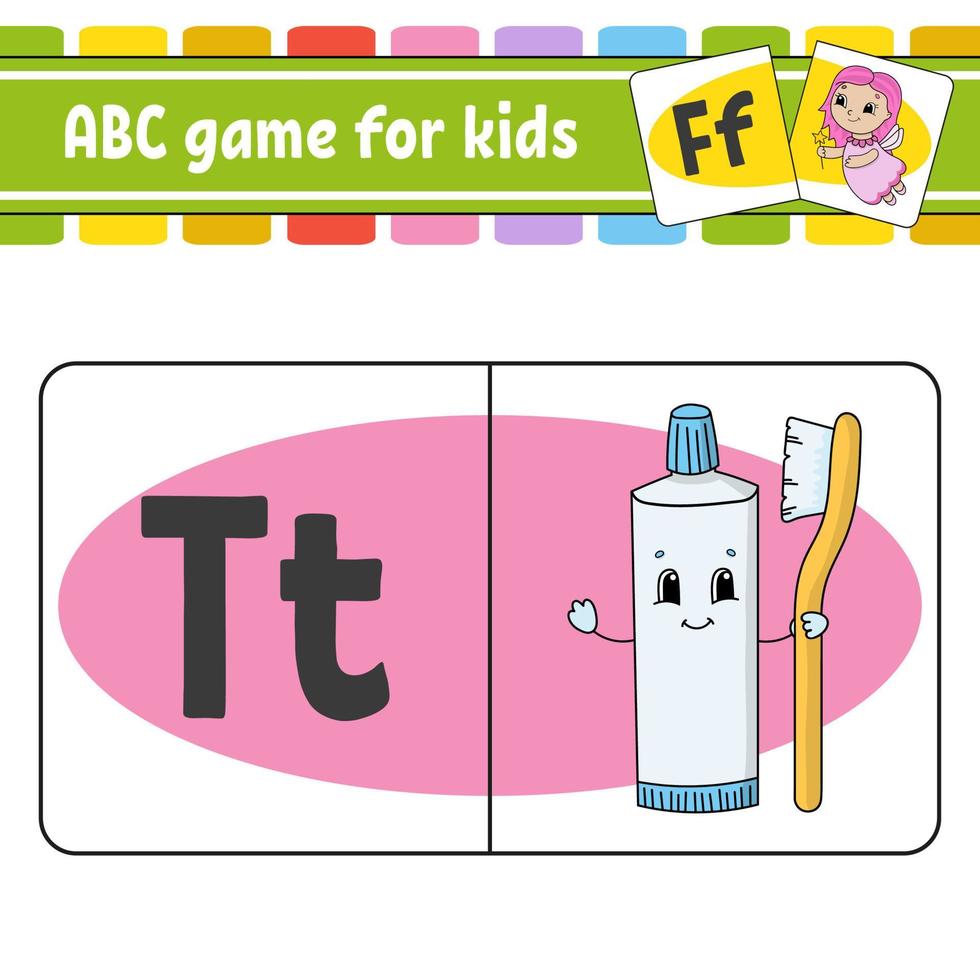 ABC flash cards. Alphabet for kids. Learning letters. Education developing worksheet. Activity page for study English. Game for children. Funny character. Isolated vector illustration. Cartoon style.