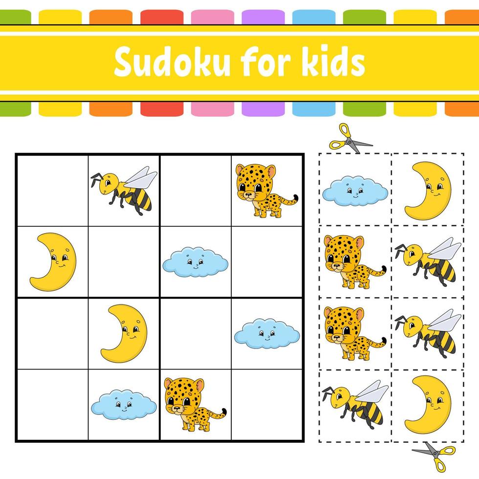 sudoku para niños. hoja de trabajo de desarrollo educativo. página de actividades con imágenes. juego de rompecabezas para niños. entrenamiento del pensamiento lógico. ilustración vectorial aislada. personaje divertido. estilo de dibujos animados. vector